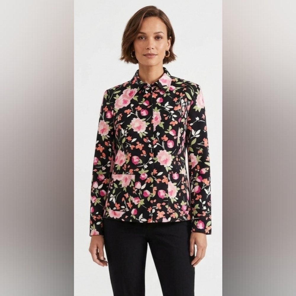 NWOT First Issue A Liz Claiborne Company Black Floral Open Jacket Size L